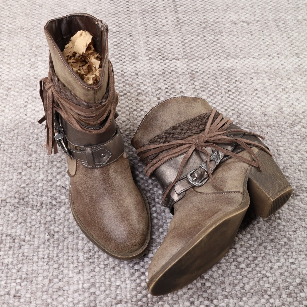 Jellypop Lydia Taupe Strappy Woven Western Ankle Boots Womens 8.5 M